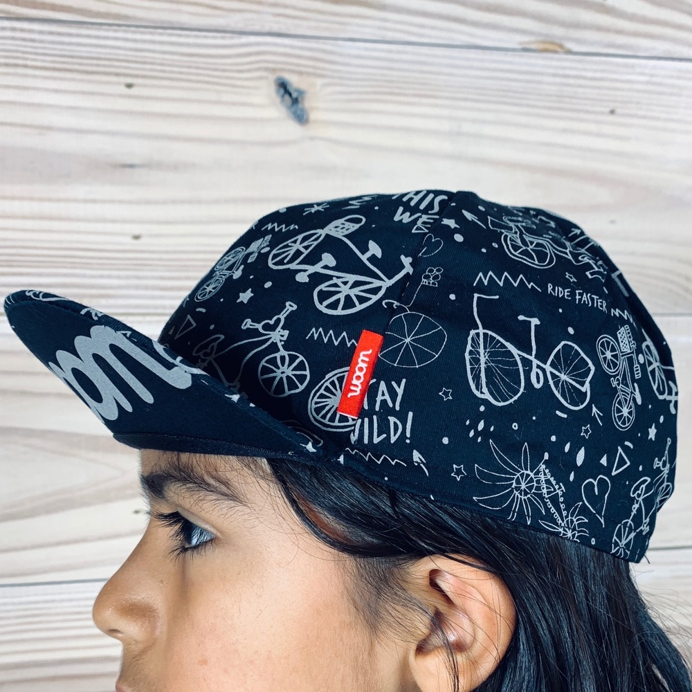 Woom Cycling Cap‎ Kids M/L Black Flare Reflective Bicycle Print Hat